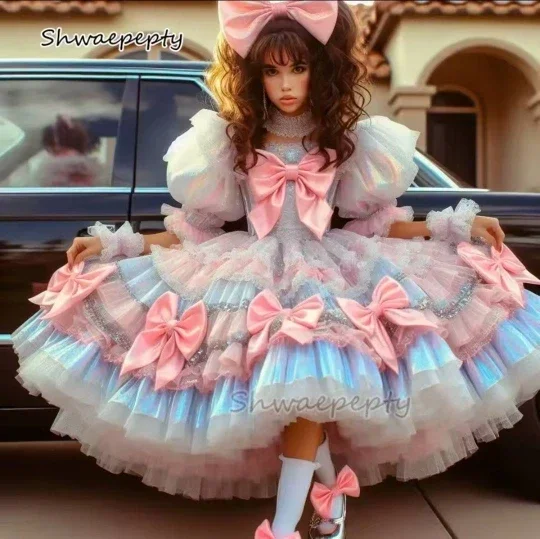 

Puffy Lolita Prom Dress With Bow Pink And Light Sky Blue Tea-Length Tulle Satin Special Occasion Gown Cospaly Costume Customized