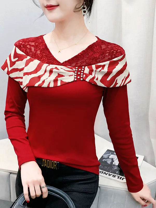 Slimming Effectiveness Elegant Style Sequin Lace Splicing  Knot Base Shirt Autumn Winter New Arrival Women's Fashion