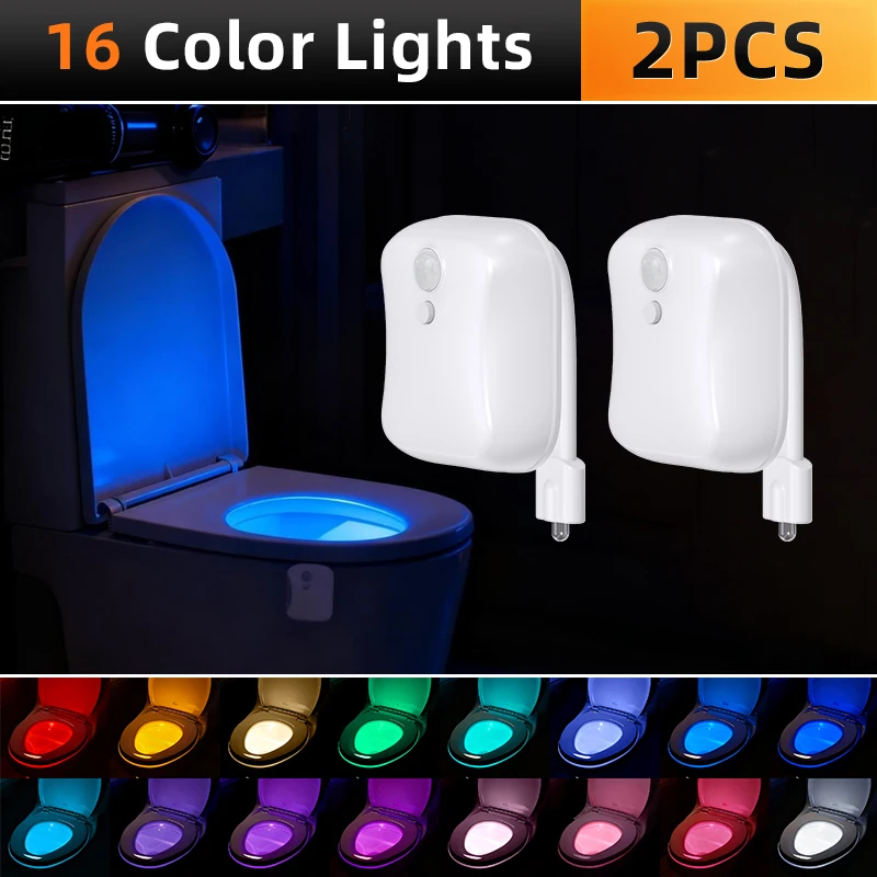 ضوء مستشعر حركة المرحاض الذكي، 16 لونًا RGB، سهل التركيب، عبوتان، ضوء أبيض 7000 كلفن، يعمل بالبطارية، هدية ممتعة