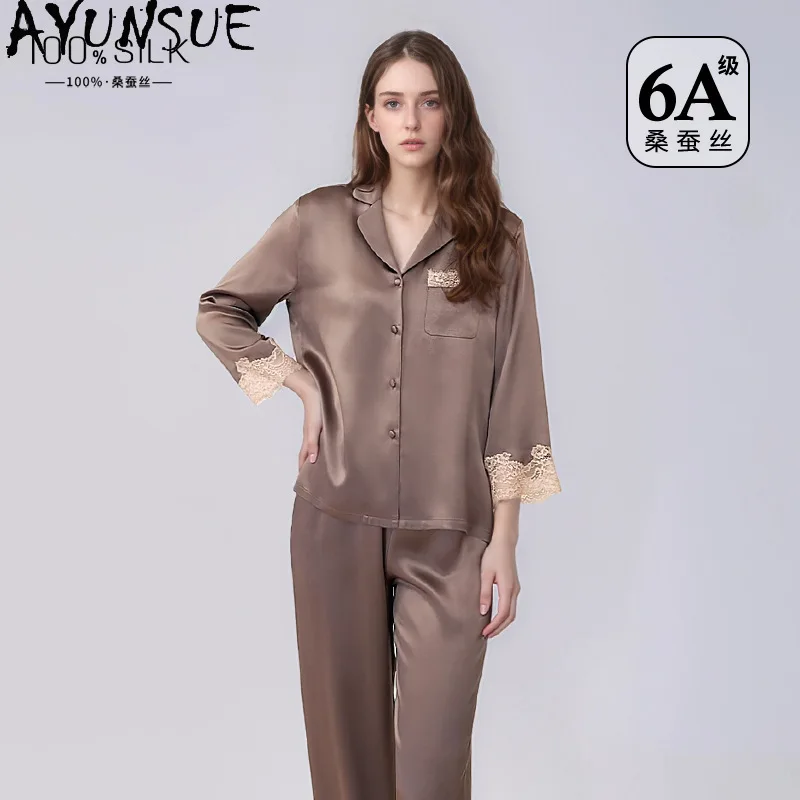 

AYUNSUE 100% шелковые женские комплекты: элитная пижама для женщин, топ с длинным рукавом и длинные брюки, женская одежда, весенняя пижама женская
