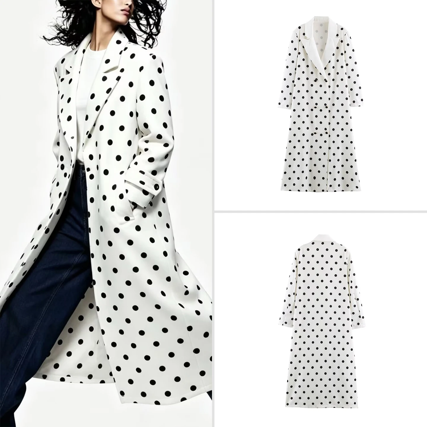 Women's Loose Fit Long Sleeve  Neck Polka Dot Coat Autumn Fashion Outerwear Double Breasted Windbreaker ZADATA Brand