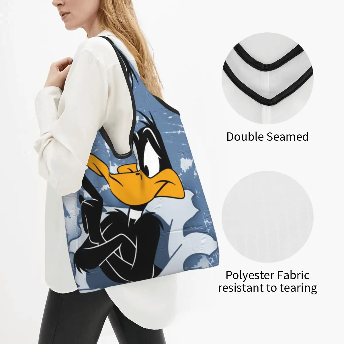 Custom Disney Daffy Duck Grocery Shopping Bags Funny Shopper Shoulder Tote Bags Big Capacity Portable Animation Cartoon Handbag