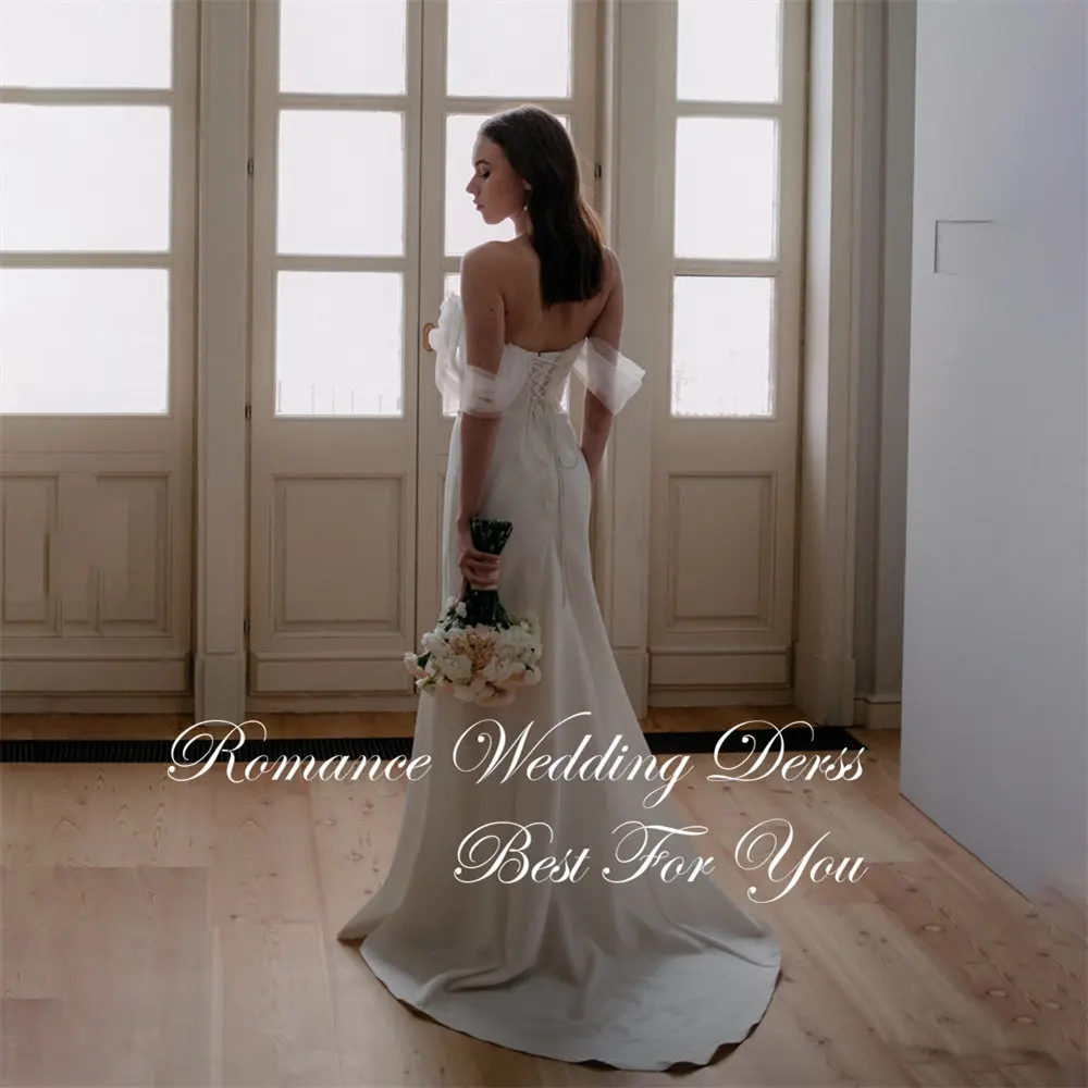 Gaun Pengantin A-Line Modern Motif Bunga Wanita 2026 Tanpa Tali Model Off Shoulder Sweep Train Punggung Terbuka Vestidos De Novia Dapat Disesuaikan