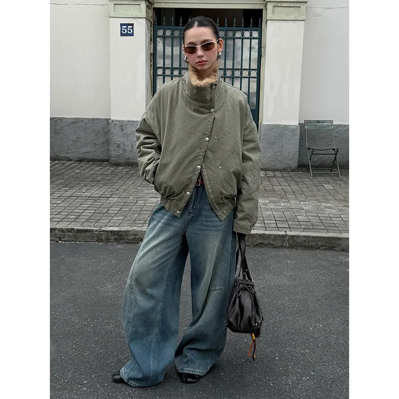 Benuynffy 2025 Autumn Winter Street Retro Fur Collar Thick Washed Jacket Women's Fashion Long Sleeve Warm Coats Woman Outerwear