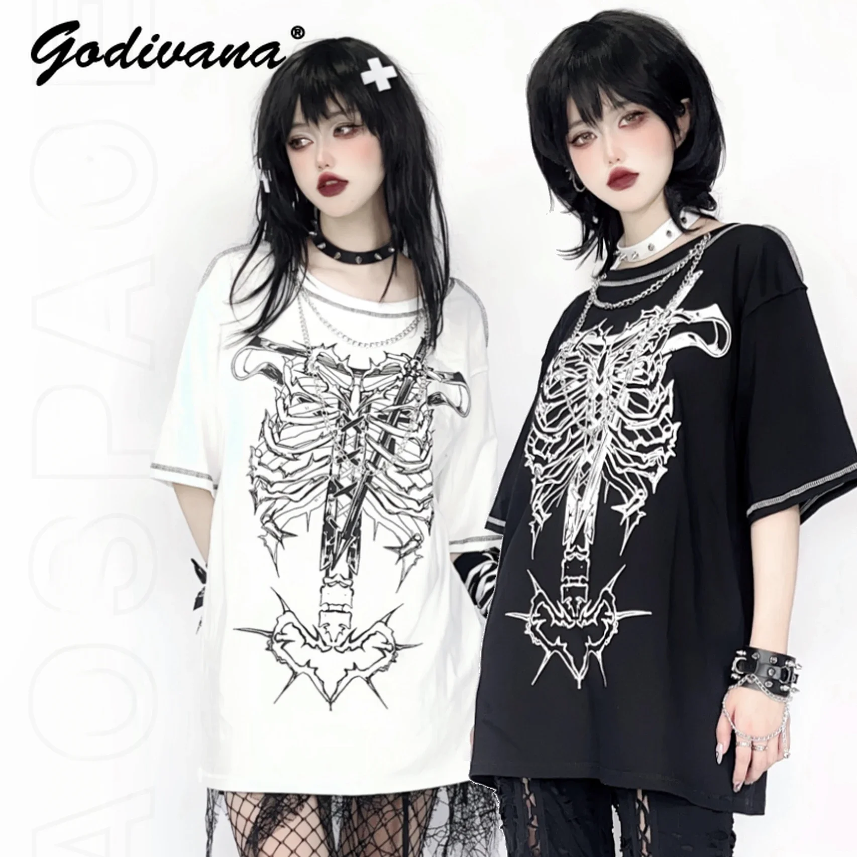 

Original Subculture Rib Punk Print Short Sleeve Loose Cotton T-shirt Y2K Female Girls Chain Casual Tshirt Tops