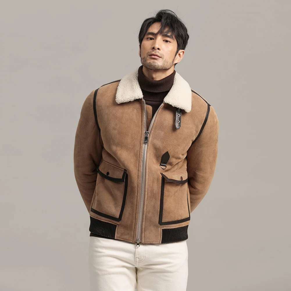 Denny&Dora Men's Shearling Jacket Spain Imported Sheepskin Shearling Jacket For Men Brown Leather Jacket