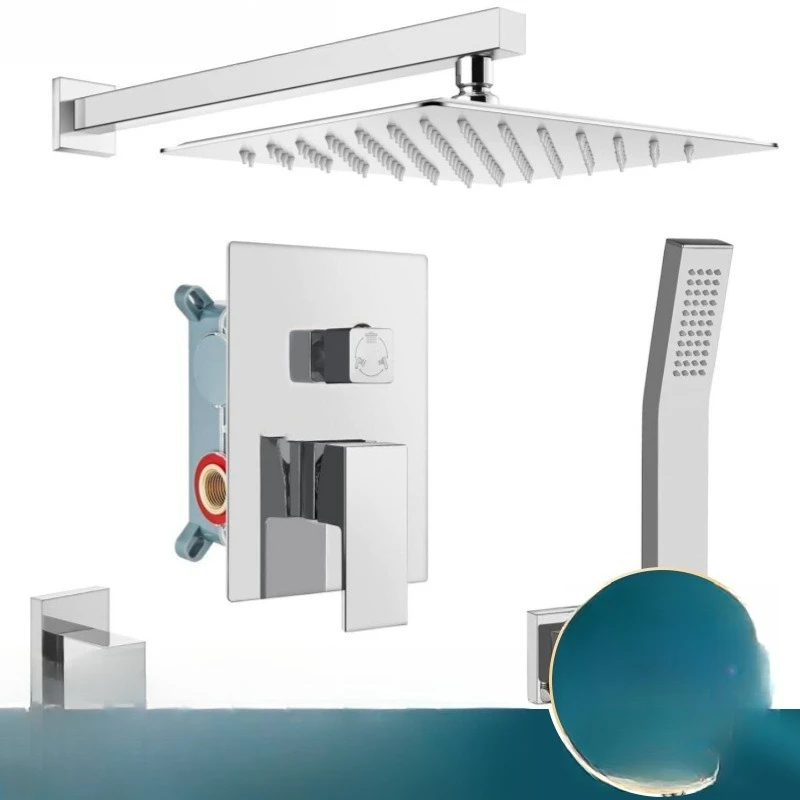 Chrome-plated all-copper concealed shower set Hidden bathroom hot and cold faucet Embedded three-function shower flower