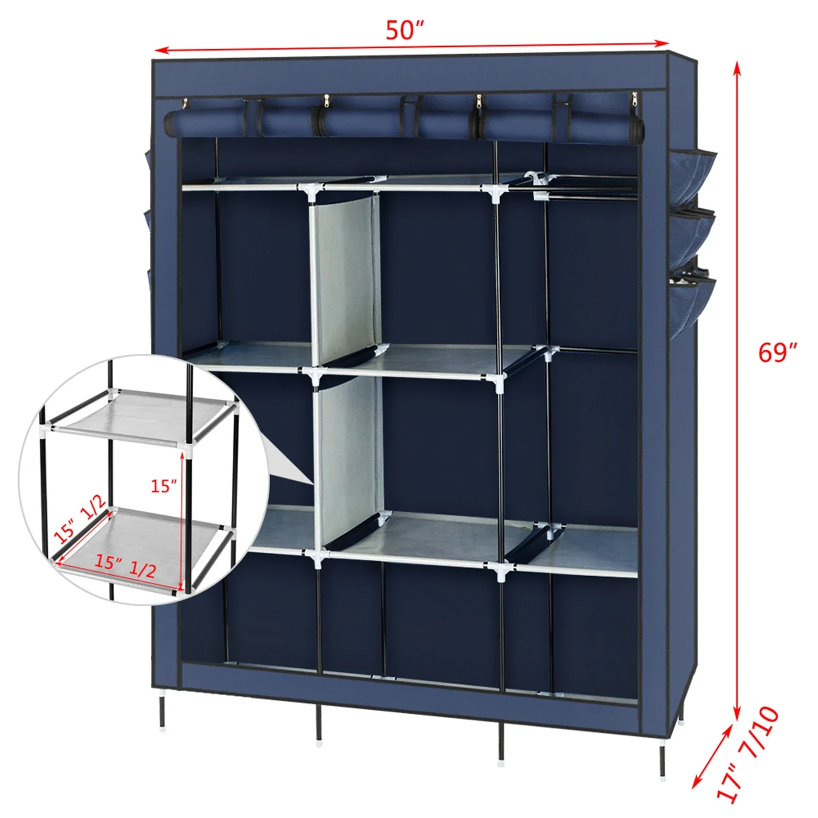 

69" High-leg Non-woven Fabric Assembled Cloth Wardrobe Dark Blue
