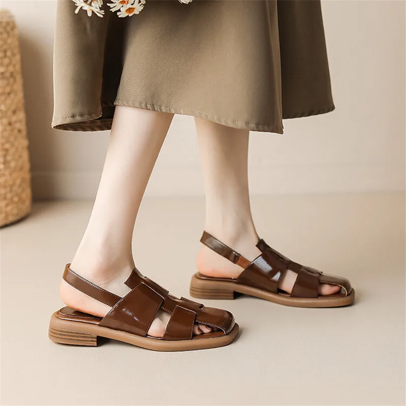 2023 Summer Sandals Split Leather Square Toe Women Sandals French Women Shoes Cover Toe Sandals for Women Hollow Out Roman Shoes