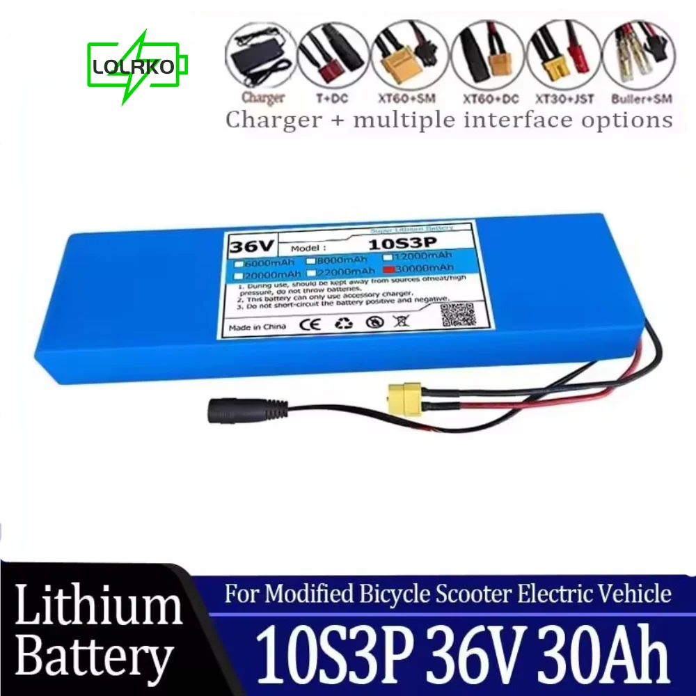 

36V 30Ah 18650 reportable Lithium Battery Pack 10S3P 1000W Power Modified Bicycle Scooter Electric Vehicle with BMS