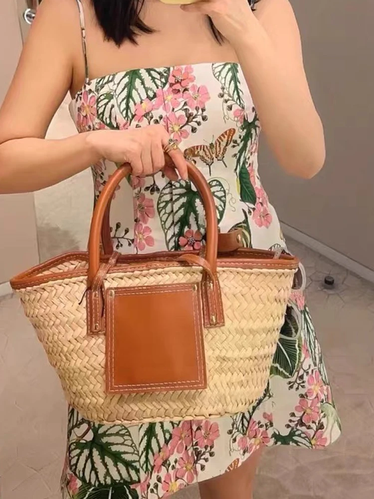 UXST Straw Woven Handbag Summer Elegant Ladies Holiday Beach Casual Tote Cowhide Patchwork Top-Handle Fashion Retro Shoulder Bag