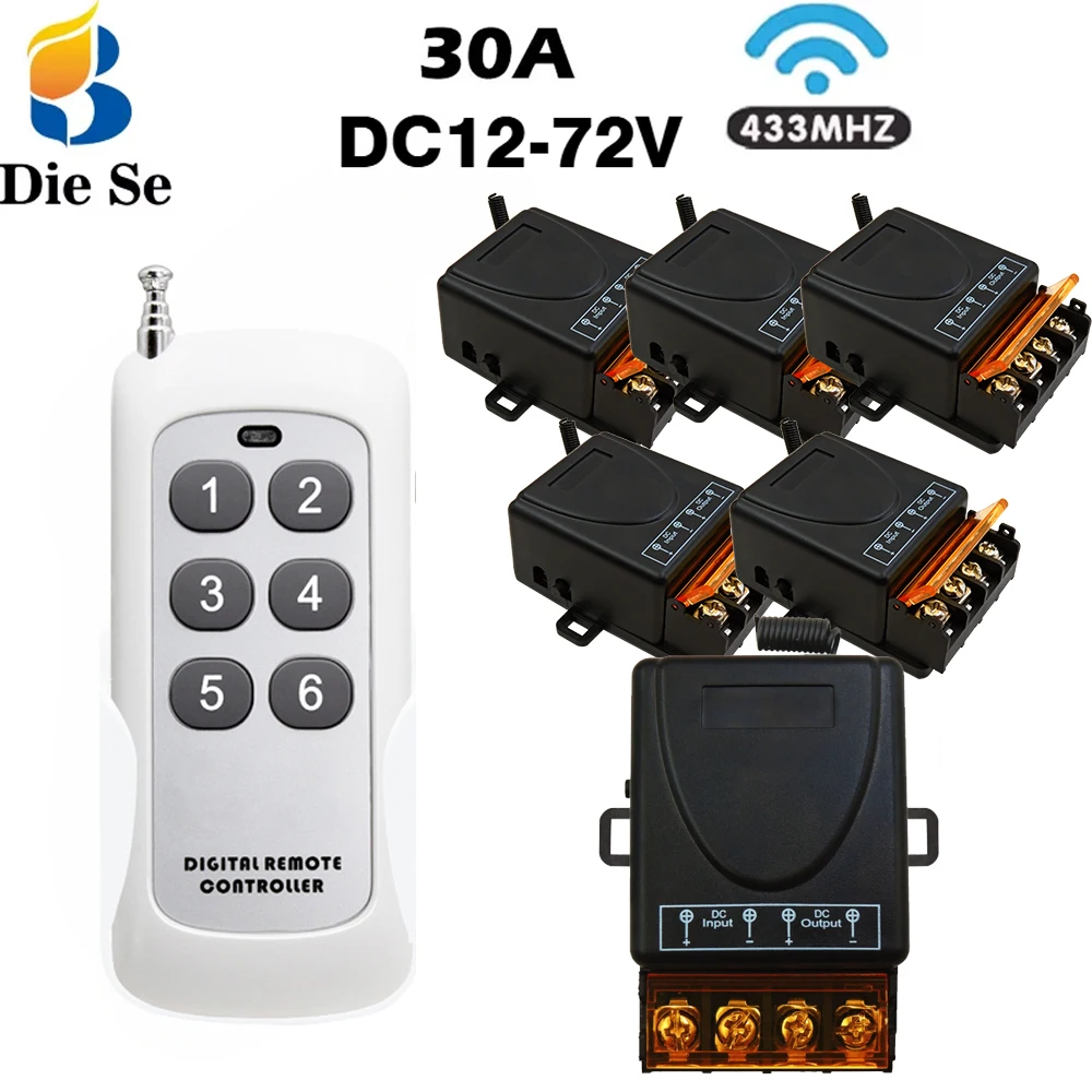 Universal 433Mhz Remote Control Wireless Switch DC 12V 24V 72V 30A 500M Remote Relay On Off Use for Smart Home Appliances/Light