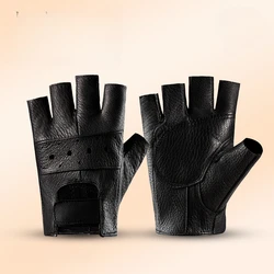 High Quality Men Genuine Leather Gloves Slip-resistant Luvas Half Finger Sheep Leather Fingerless Gym Fitness Gloves