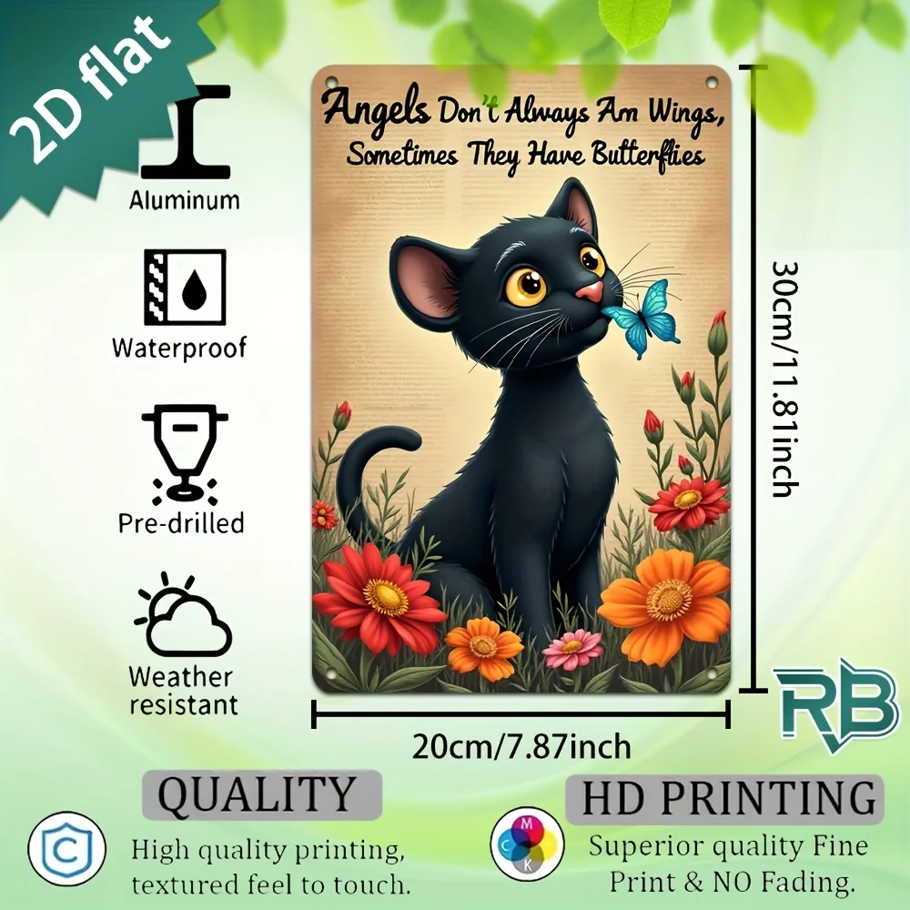 New Trendy HD Metal Wall Art - Vintage Rustic 2D Flat Design Featuring a Heartwarming Scene of a Cute Black Kitten with Big Yell