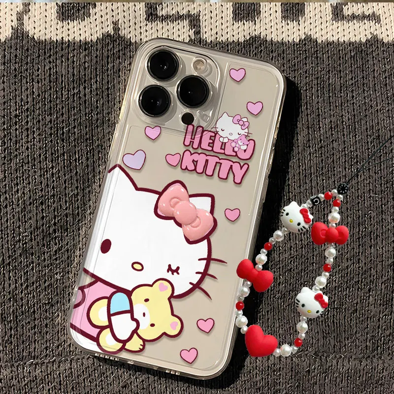 Fun Sanrio Blink Playful Hello Kitty Phone Case For iPhone XR XS 16 15 14 13ProMax 7 8Plus Bracelet Silicone Transparent Cover