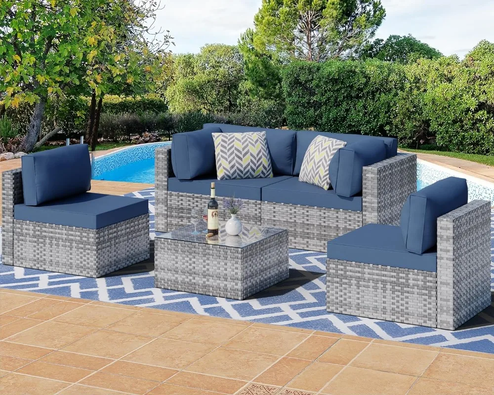 

Shintenchi 5 Pieces Outdoor Patio Sectional Sofa Couch, Silver Gray PE Wicker Furniture Conversation Sets with Washable Cushion