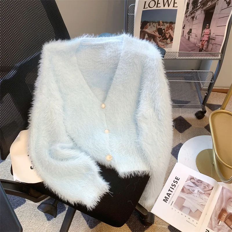 Kardigan Rajut Bulu Mink V-neck Wanita Mantel Bulu Kuda Poni Wanita Musim Gugur dan Musim Dingin Pakaian Luar Berbulu