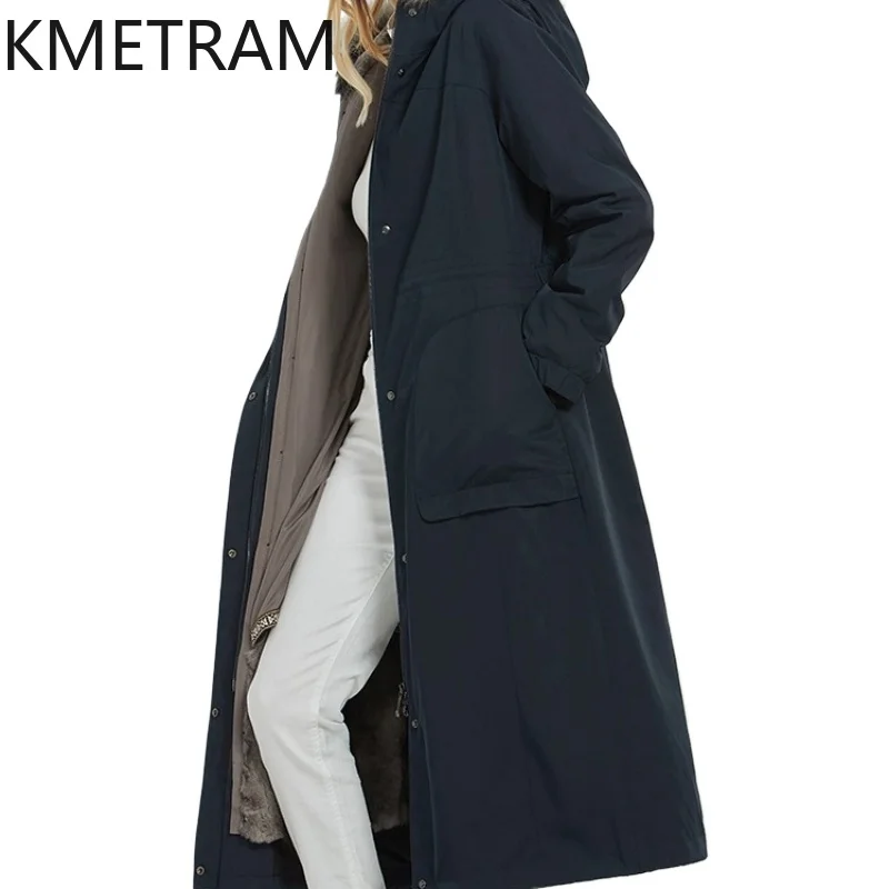 KMETRAM Natural Rex Rabbit Fur Lining Fur Coat Long Parkas Jacket Woman Fox Fur Collar 2025 Winter Hooded New Outerwears пальто