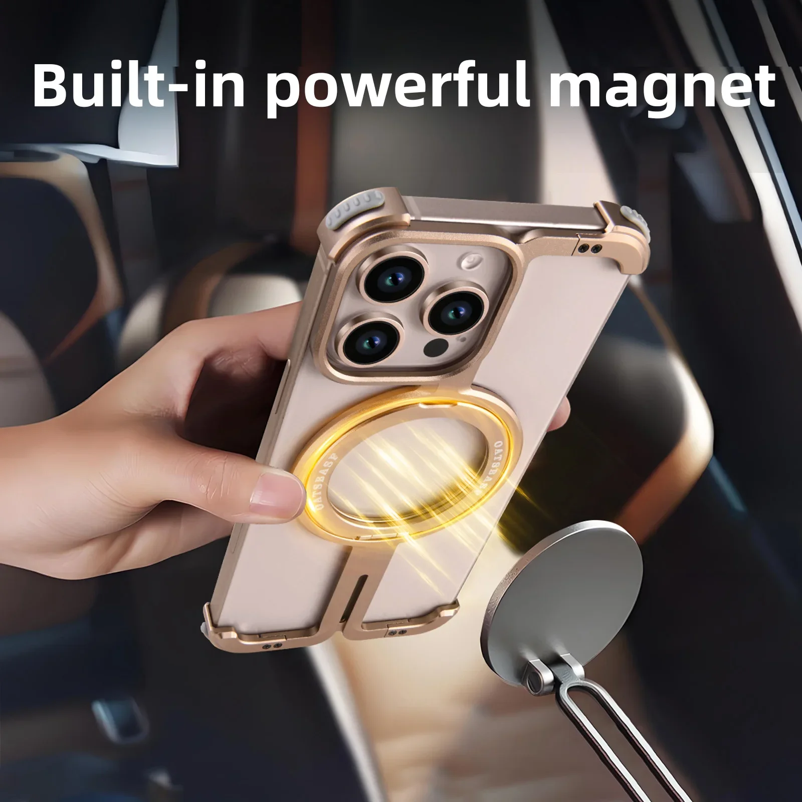 

Oatsbasf Frameless Phone Case for iPhone 16 Pro Max with 360° Rotatable Magnetic Ring Stand Metal Slim Bumper Protector Cover