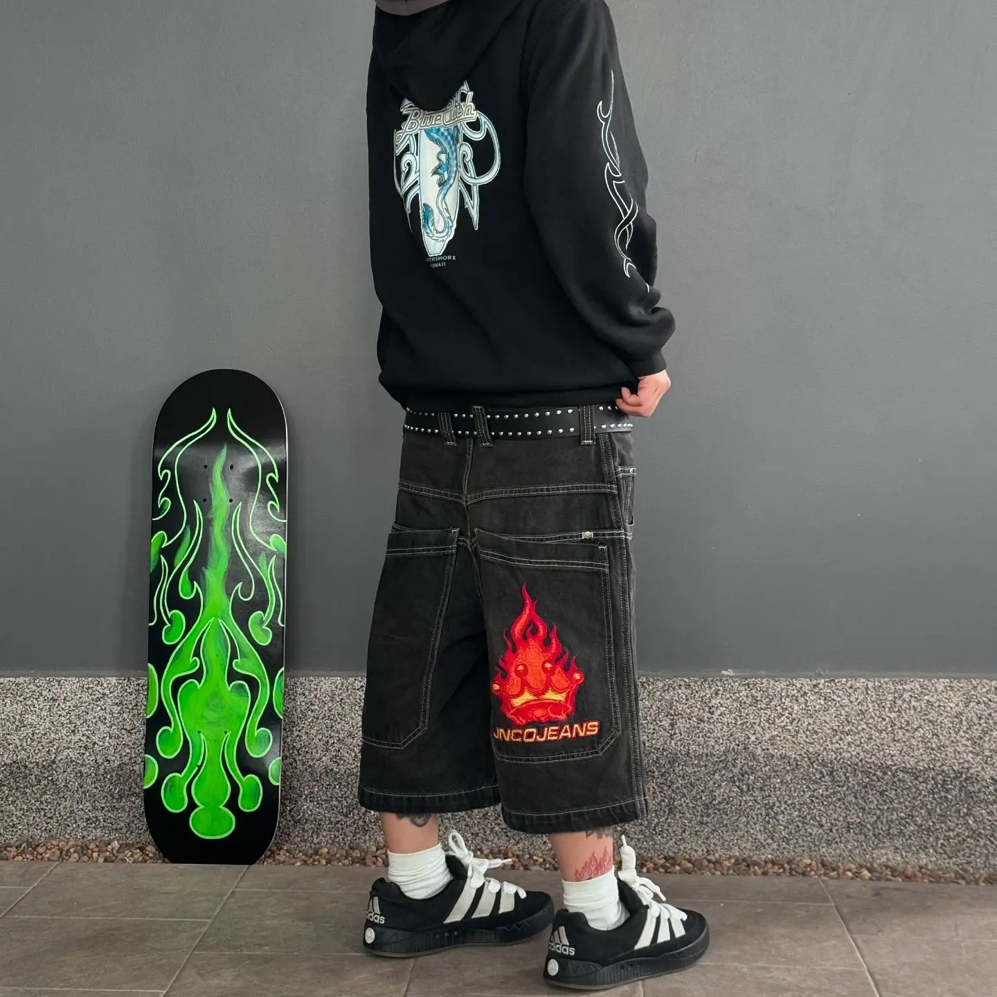 Hip Hop Harajuku JNCO workowate jeansowe szorty Y2K wyszywany wzór Streetwear męskie Vintage letnie damskie spodenki modna koszykarska