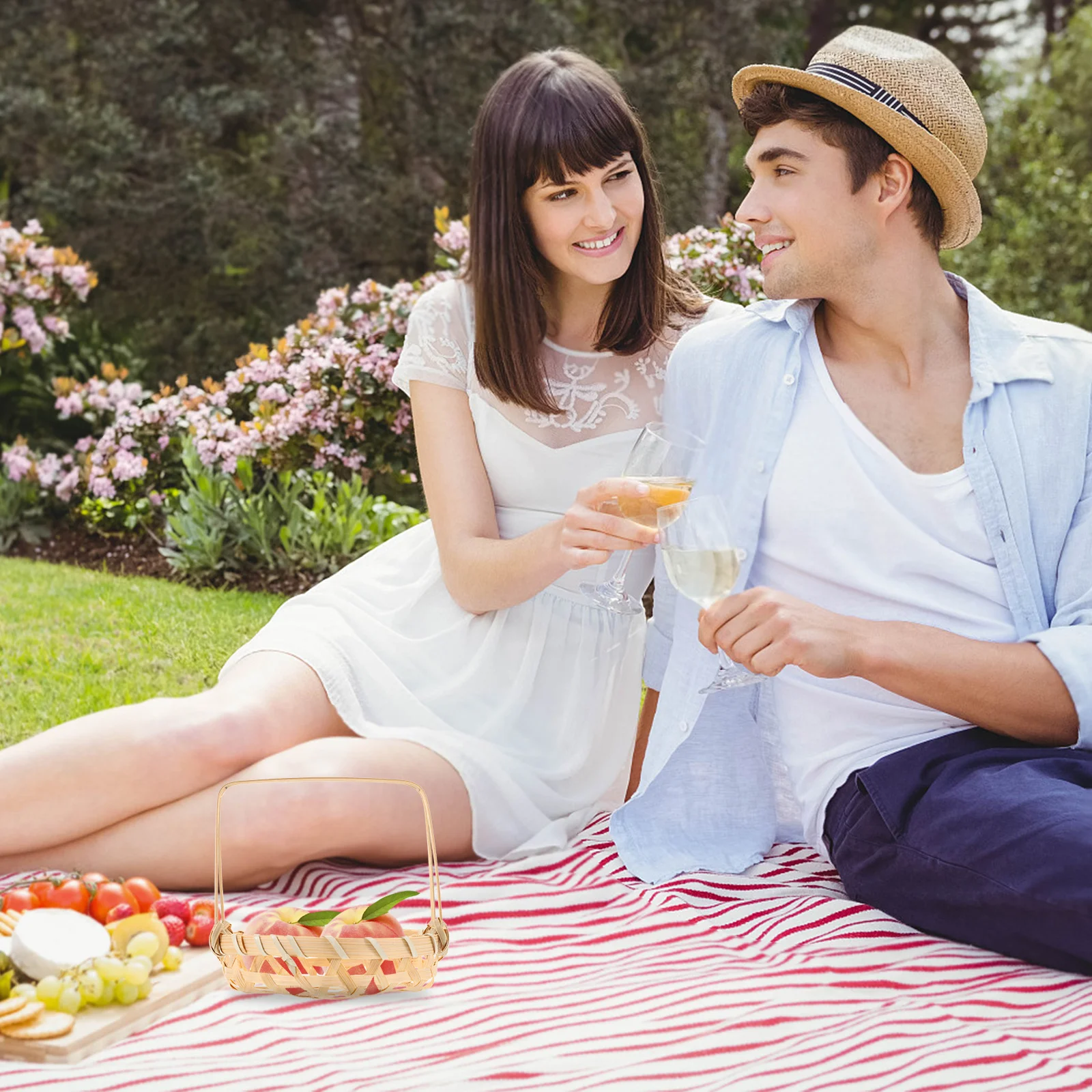 Cesta de almacenamiento rústica resistente tejida de bambú con asa, para Picnic, Fiesta al aire libre, transportador de frutas y verduras, decoración Vintage para el hogar, 1 Uds.