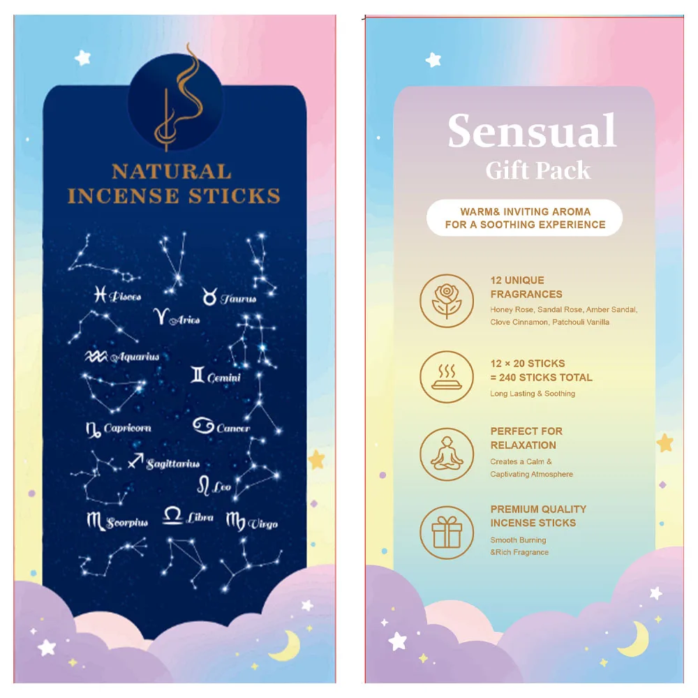 High-Quality 12-Pack Starry Sky Constellation Incense Sticks, 240 Sticks in Total, Long-Lasting Anti-Bite Incense, Includes: Cherry Blossom, Eucalyptus, Iris, Vanilla, Dragon Blood, Sage, Lavender, Lemongrass, Rose, Mi
