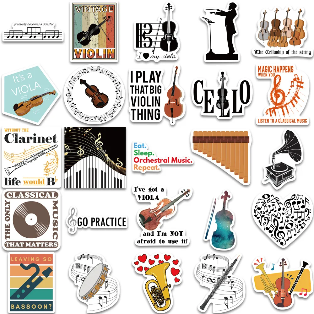 52PCS Musical Instrument Orchestra Music Cartoon Graffiti Stickers Guitar Refrigerator Luggage Kid Classic Toy Sticker Decals