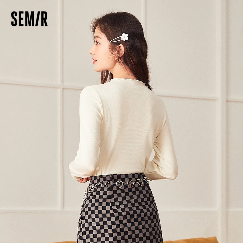 Semir Underwear T Shirt Women Solid Color Autumn And Winter Half High Collar Gentle Korean Style With Long Sleeve