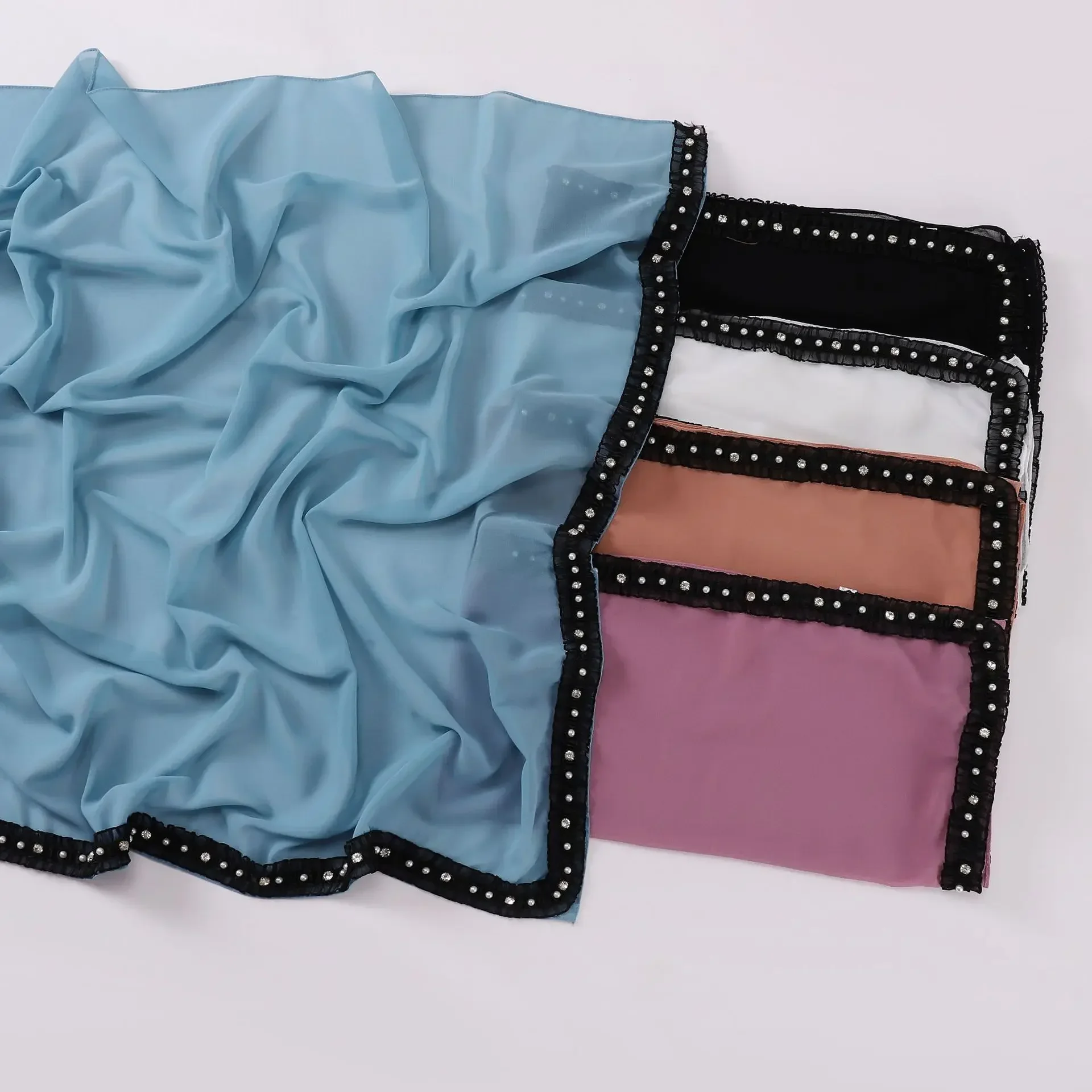 

90*90cm Women Chiffon Pearl Square Scarf Turban Beaded Headscarf Muslim Hijab Bandanas Headband Bufanda Kerchief Turbante Mujer