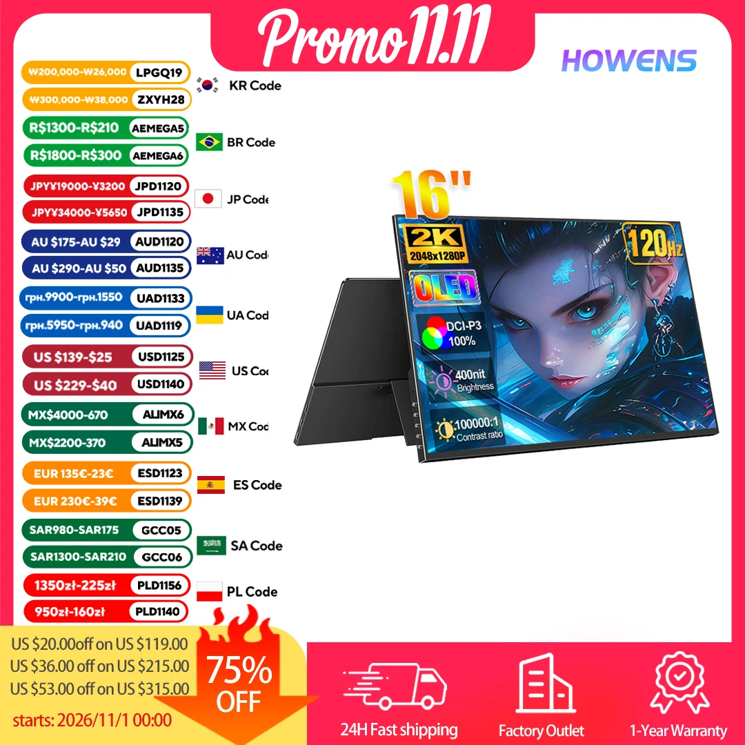 16-inch Portable OLED Monitor 2K 120Hz Gaming Laptop Extender 100000:1 Office Travel Display HDMI USBC For PC Mac Phone PS5 Xbox