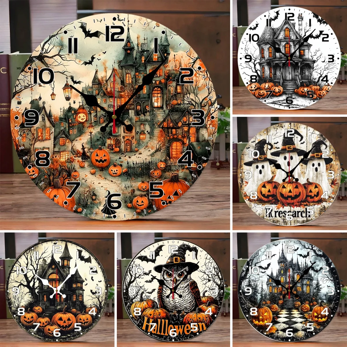 Halloween Pumpkin Wooden Round Silent Hanging Wall Clock,Suitable for Living Room,Office,Study Room,Bedroom,Home Decoration