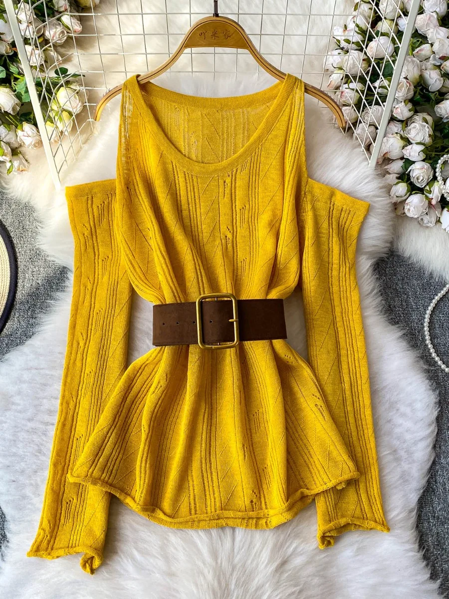 

Foamlina Chic Elegant Off Shoulder Long Sleeve Knit Sweater With Waist Tie Design Women Fall Trendy Slim Fit Casual Top