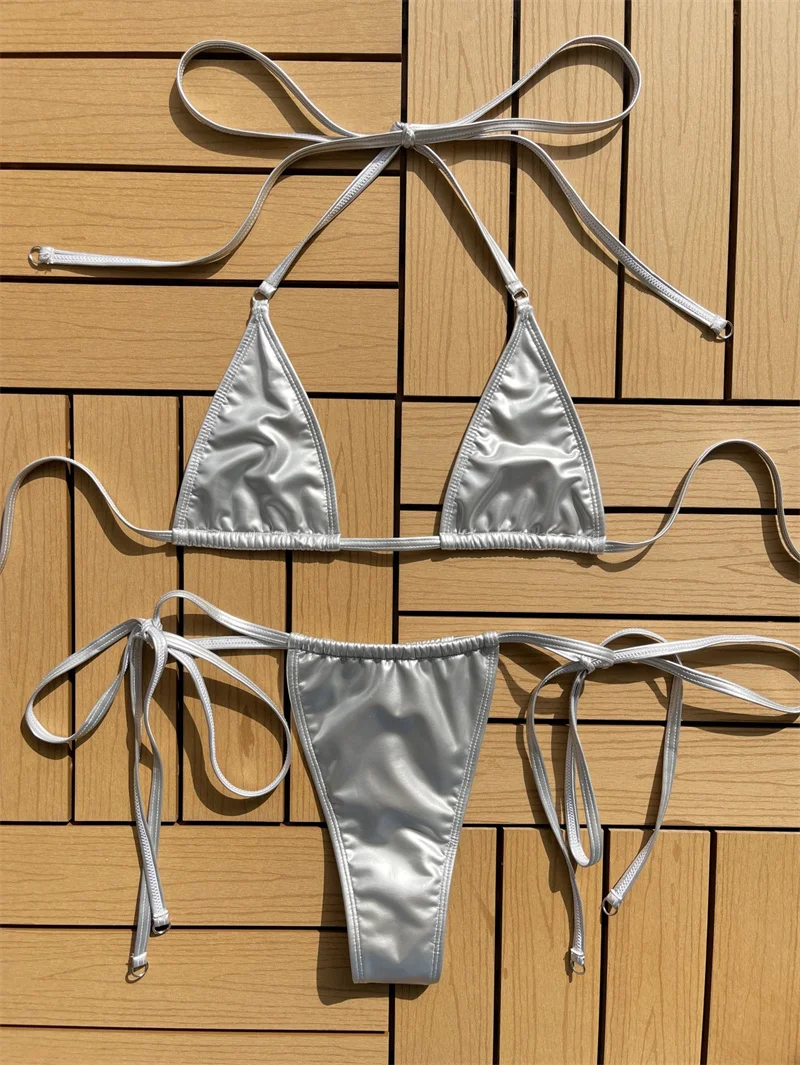 Summer Fashion Beach New tinta unita Bikini in pelle tessuto corda costume da bagno Mujer Biquini