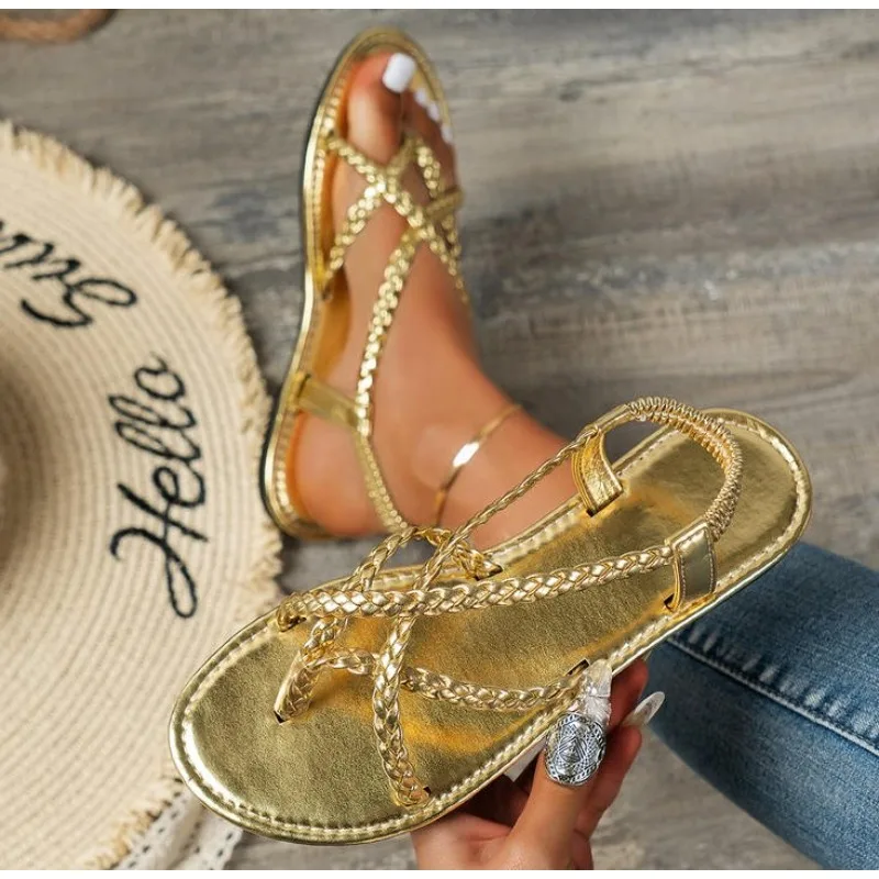 

Flat Sandals New Summer 2026 Gold Solid Color Woven Herculean Flip-toe Sandals Women Wear Beach Sandals