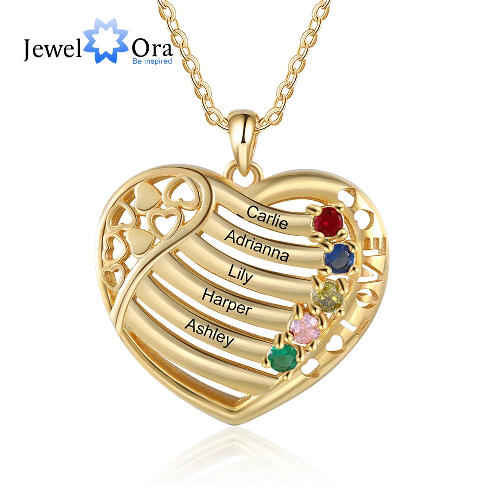 Valentines Day Gift Gold Color Personalized Heart Necklace with Family Birthstone Custom Name Engraved Pendants for Mother Mom