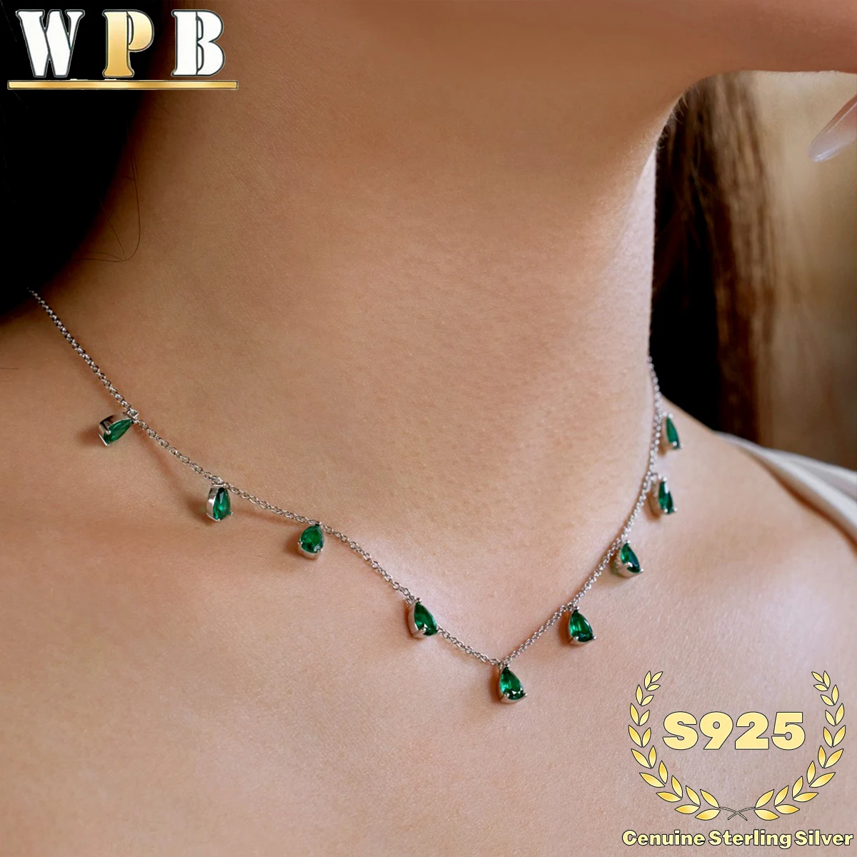 ‌Blue Zircon Teardrop Necklace 9 Stone S925 Sterling Silver Symmetrical Prong Setting Women Wedding Gift Daily Formal Jewelry