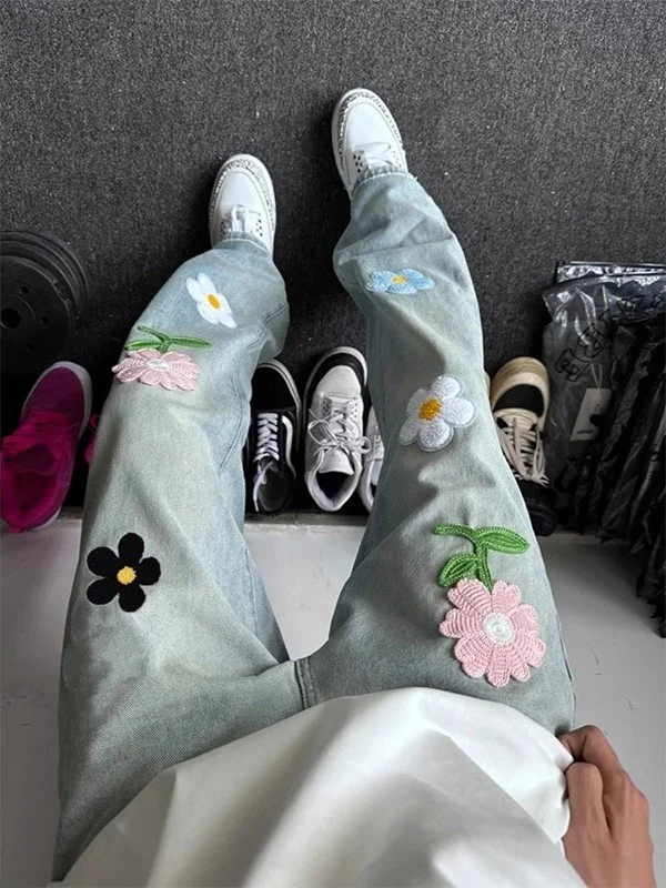 

plus Size American Floral Embroidery Wide Leg Jeans Men's Spring Autumn Straight Casual Long Trousers mid Waist Youth Fashion