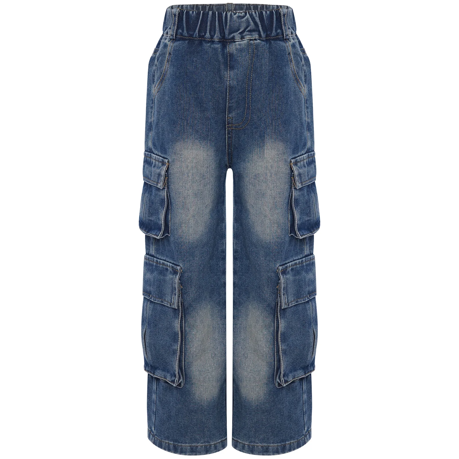 

Fashion Kids Girls Cargo Jeans Trousers Elastic Waistband Denim Pants with Flap Pockets for Hip-Hop Skateboarding Streetwear