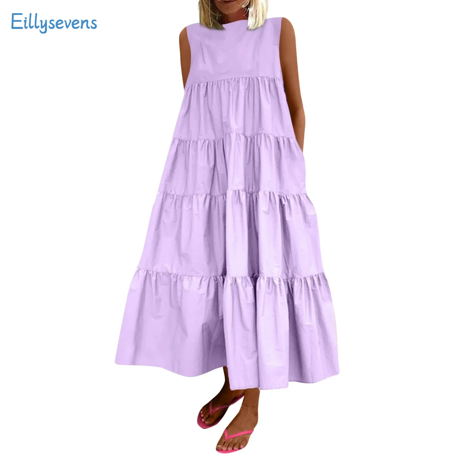 فستان نسائي فضفاض بدون جيب بدون أكمام ، فساتين برقبة مستديرة ، أحادي اللون ، كاجوال ، منتجع شاطئ البحر ، تاريخ ، صيف ، موضة جديدة