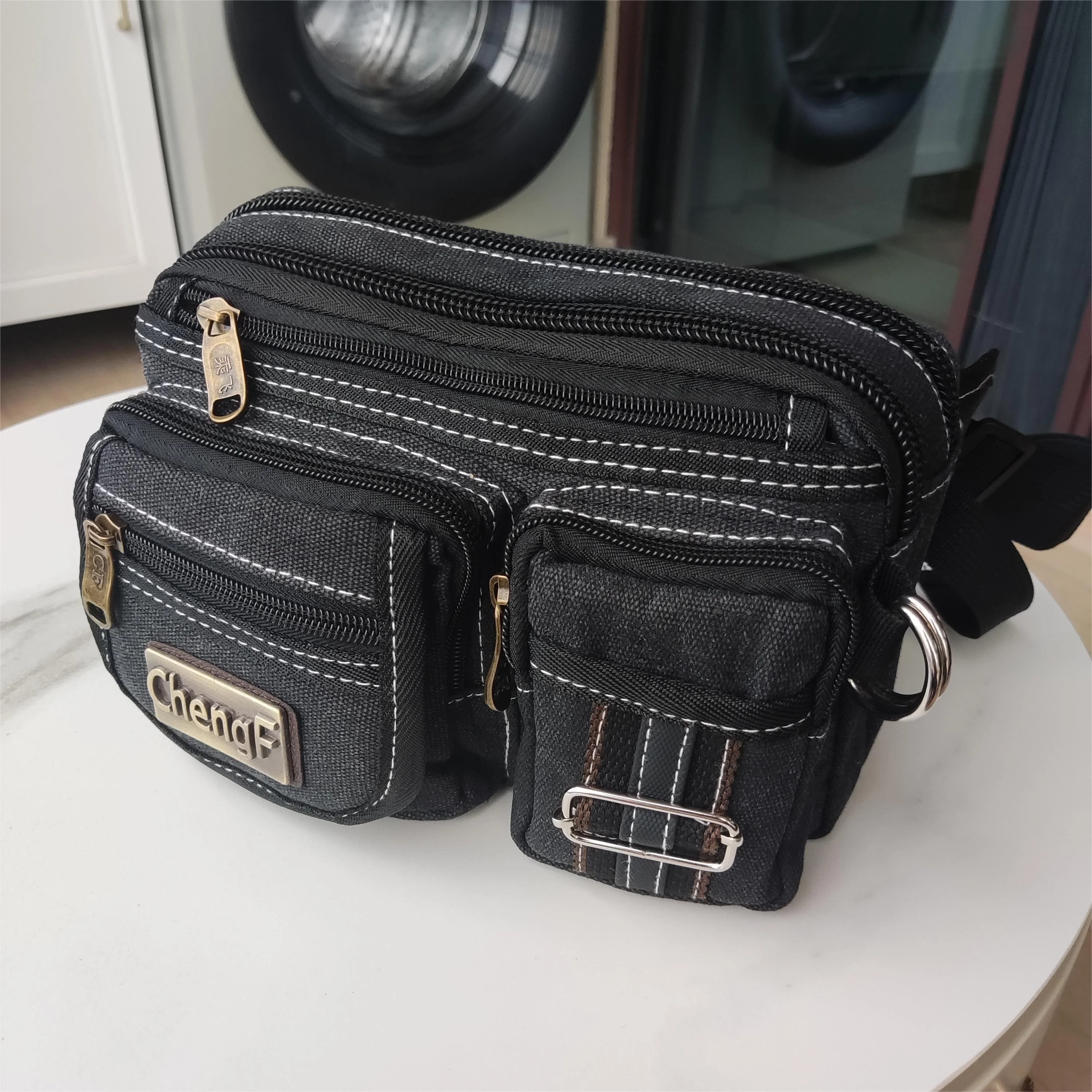 Fashionable Multi Layer Zipper Waist Bag Fanny Pack, Canvas Retro Basic Chest Crossbody Bag Men's Sports Running Phone Pocket