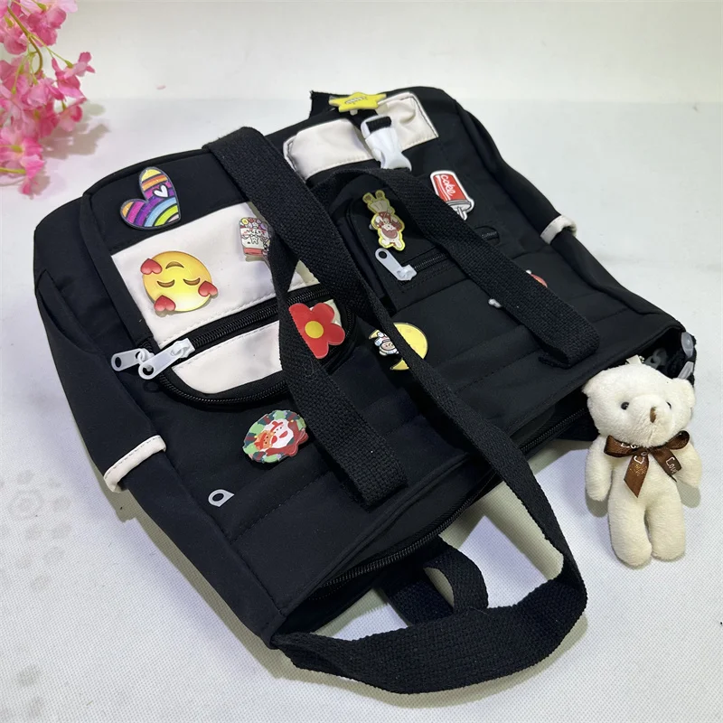 Waterproof Oxford Cloth Handbag Fashion Splicing Crossbody Bag with Badge Pendant Women Shoulder Bag Student School Bags Satchel