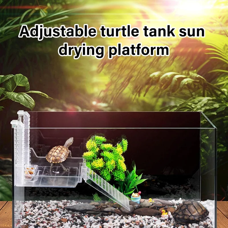 

Turtle tank sun drying platform with feeding trough, movable ladder for observing pet behavior durability, reptile terrace