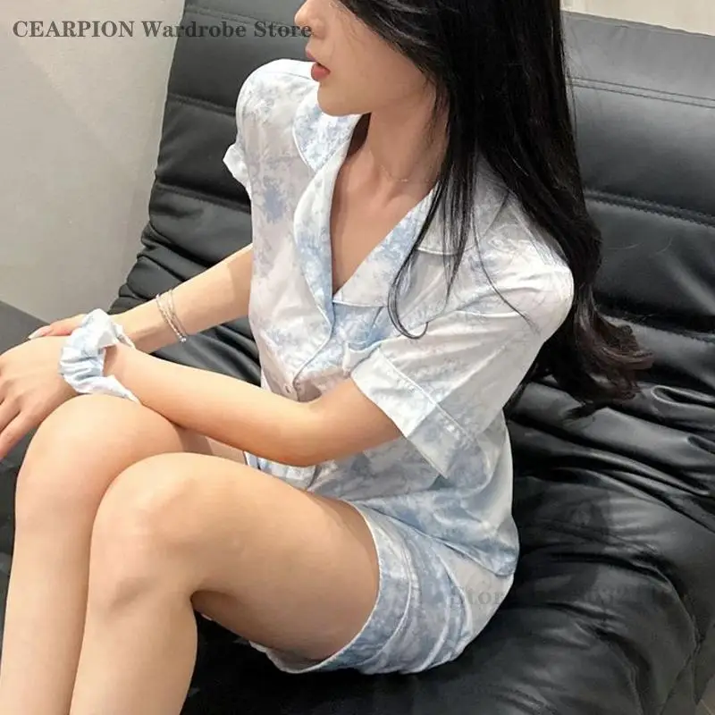 

Summer Women Short Sleeve Pajamas Set Sexy Print Satin Nightwear Loungewear Shorts Pijamas Suit Loose Pyjama Pour Femme Homewear