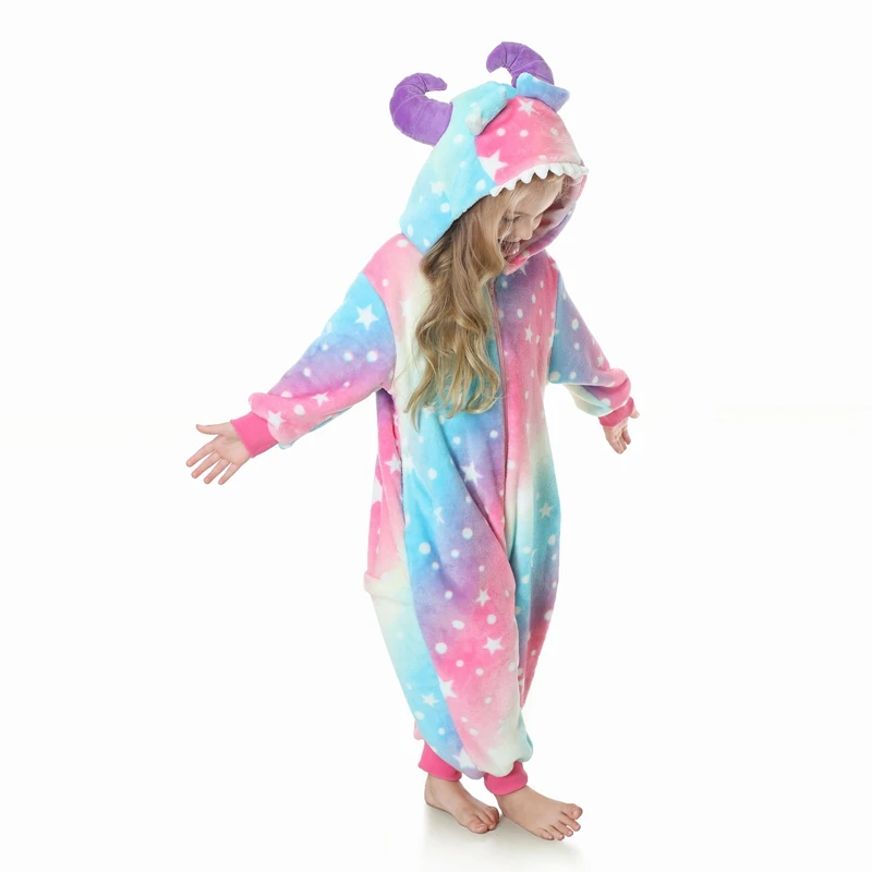 Kids Girls Halloween Devil Fall Winter Jumpsuit Demons Star Print Zipper Hooded Long Sleeves Jumpsuit with Horn Costumes