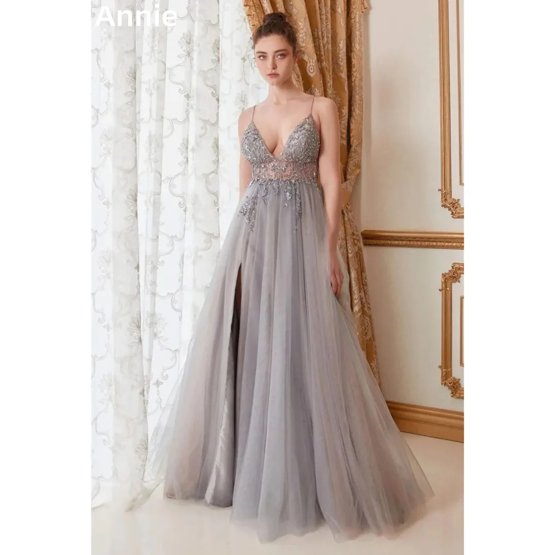 

Annie Grey Wedding Dress Glitter Sequins Luxury Prom Dresses Sexy Spaghetti Straps A-line Bespoke Occasion Dresses