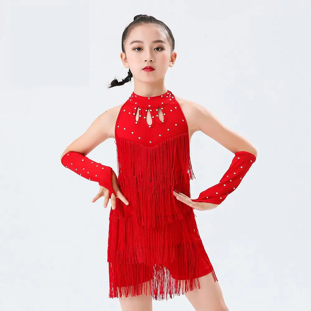 Abito da ballo latino con nappe con frange di diamanti per ragazze Costume da ballo latino Costume da sala per bambini Salsa Rumba Cha Cha Tango Stage