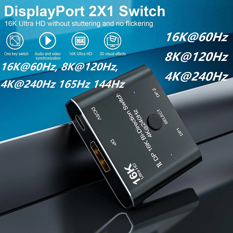 2 in 1 Out Displayport Splitter Bi Directional 8K@120Hz 4K@240Hz, 16K Displayport Switcher 1 in 2 Out 16K DP Video Converter