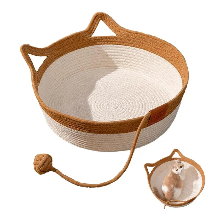 Cat Desk Bed Hand Woven Scratch Resistant Desk Cat Bed Cute Cat Ear Washable Breathable Cotton Rope Pet Bed Foldable Nest For