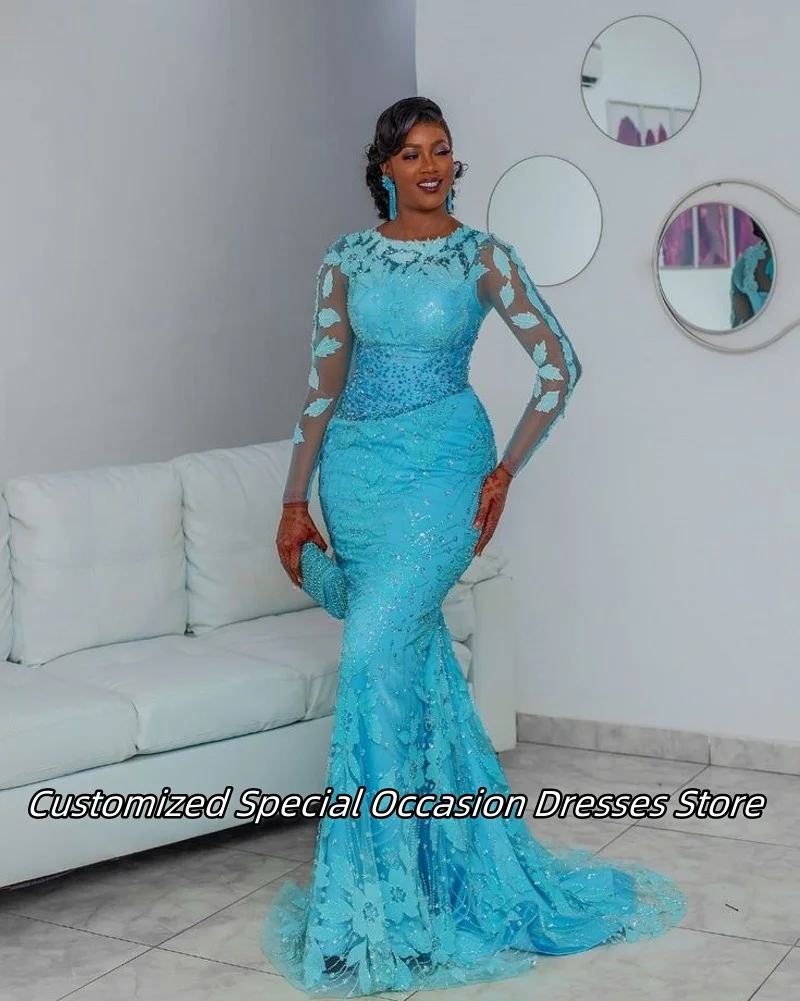 Azul frisado applique longo sereia vestidos de noite para meninas nigerianas festa de luxo vestido de baile vestidos de festa 2025 personalizado