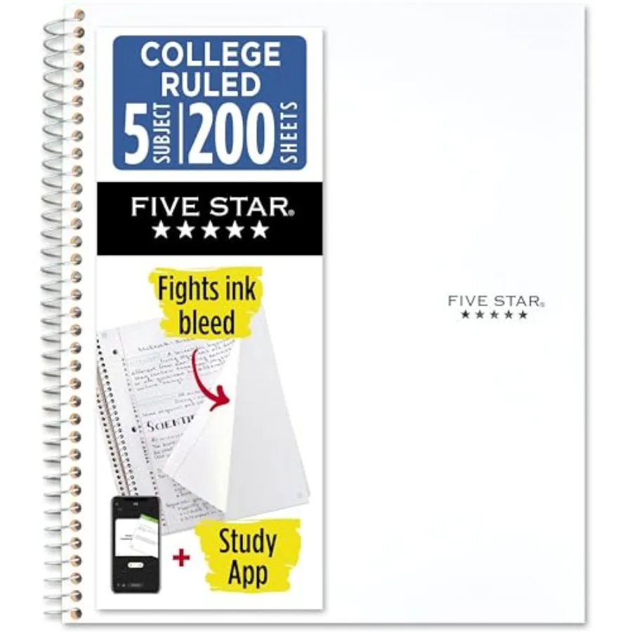 

Spiral Notebook + Study App, 5 Subject, College Ruled Paper, 8-1/2" x 11", 200 Sheets, Fights Ink Bleed, Water Resistant Cover,